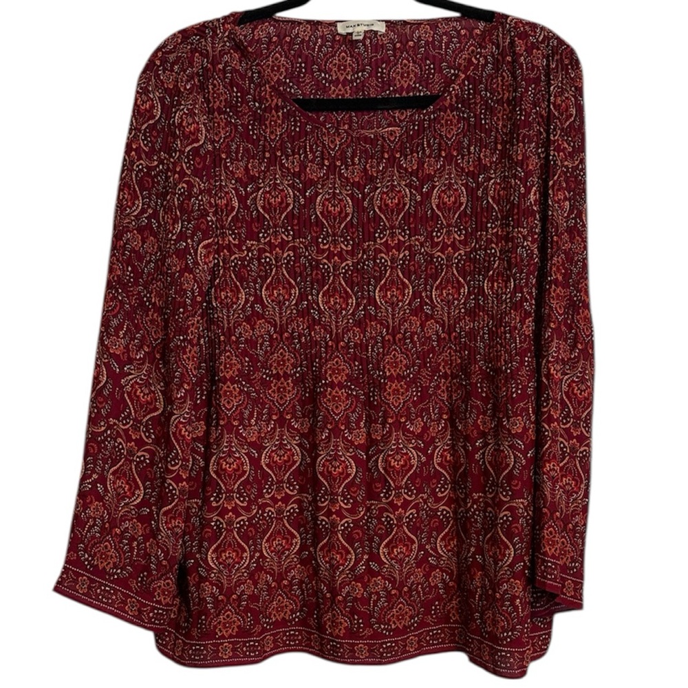 ☀️ Max Studio Pleated Patterned Long Sleeve Blouse